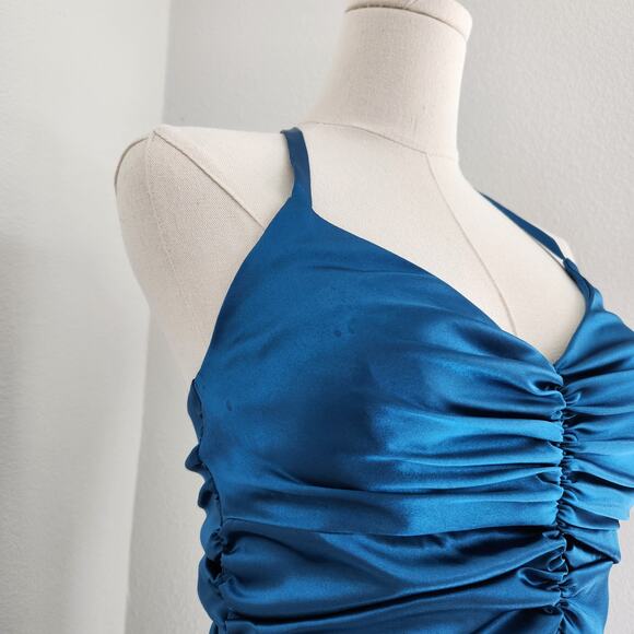 Jessica McClintock Y2K Teal Satin Halter Ruffle Drop Waist Mini Homecoming Dress - Picture 3 of 10